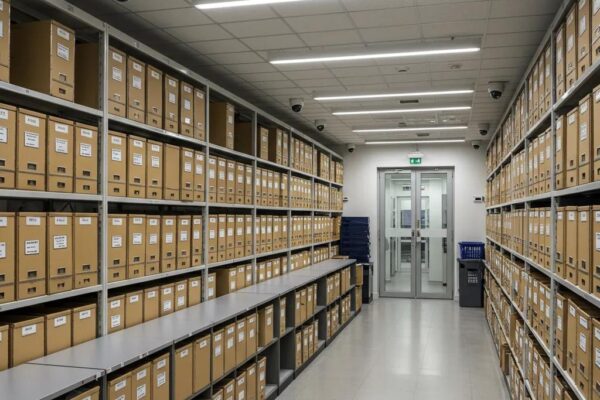 Modern secure document archiving facility showcasing organized shelves and advanced security features